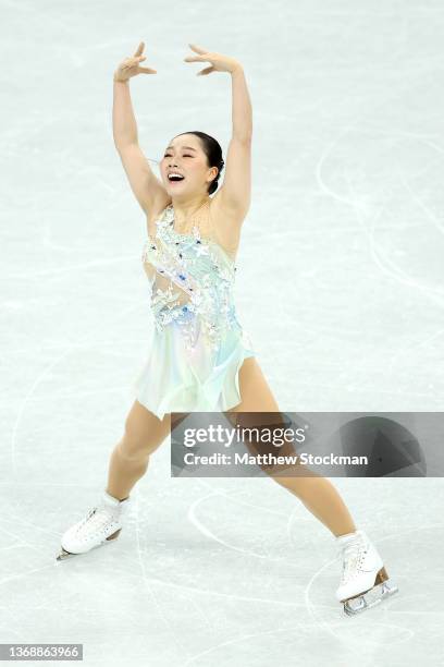 Wakaba Higuchi of Team Japan skates during the Women Single Skating Short Program Team Event on day two of the Beijing 2022 Winter Olympic Games at...