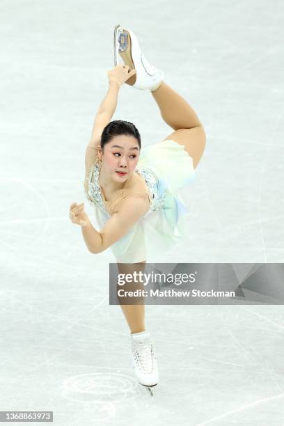 Wakaba Higuchi of Team Japan skates during the Women Single Skating Short Program Team Event on day two of the Beijing 2022 Winter Olympic Games at...