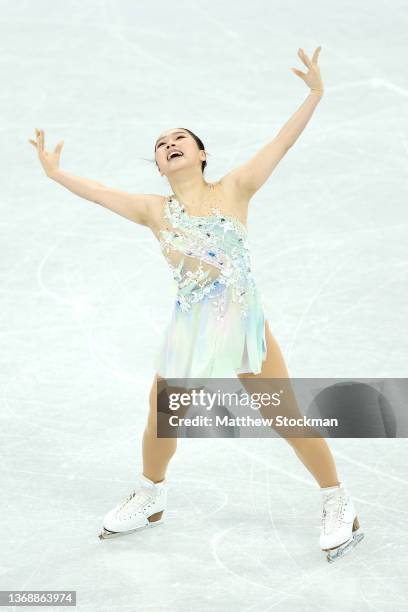 Wakaba Higuchi of Team Japan skates during the Women Single Skating Short Program Team Event on day two of the Beijing 2022 Winter Olympic Games at...