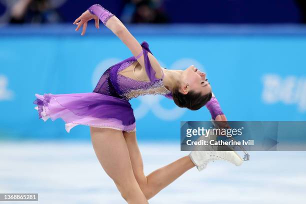 Kamila Valieva of Team ROC skates during the Women Single Skating Short Program Team Event on day two of the Beijing 2022 Winter Olympic Games at...