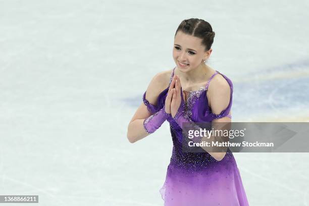 Kamila Valieva of Team ROC reacts during the Women Single Skating Short Program Team Event on day two of the Beijing 2022 Winter Olympic Games at...