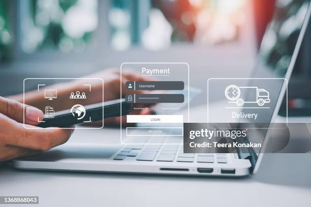 online shopping through mobile by online payment. - classificados imagens e fotografias de stock