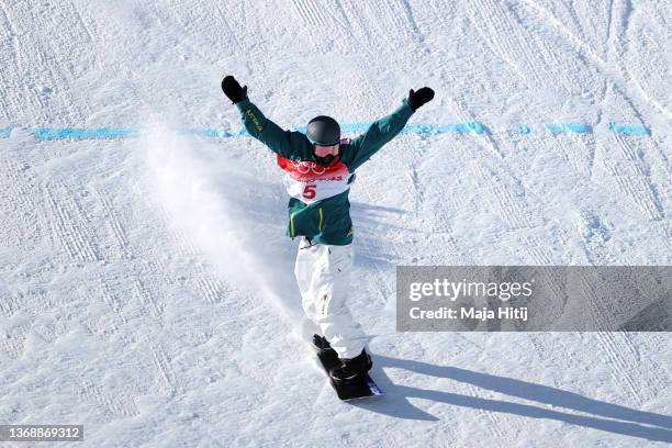 Tess Coady of Team Australia celebrates winning Bronze in the Women's Snowboard Slopestyle Final on Day 2 of the Beijing 2022 Winter Olympic Games at...