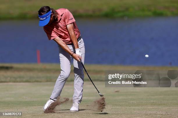 Joey Garber of the Unites States plays a shot on the 11th hole during the third round of The Panama Championship at Panama Golf Club on February 5,...