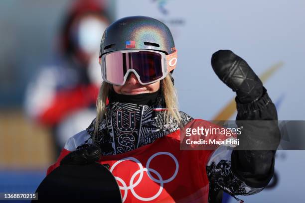 Jamie Anderson of Team United States reacts during the Women's Snowboard Slopestyle Final on Day 2 of the Beijing 2022 Winter Olympic Games at...