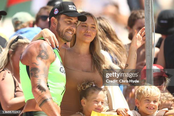 Tammy Hembrow and fiance Matt Poole are seen after round 6 of the Nutri-Grain Ironman Series at Kurrawa SLSC on February 06, 2022 in Gold Coast,...