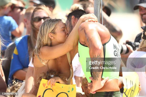 Tammy Hembrow and fiance Matt Poole are seen after round 6 of the Nutri-Grain Ironman Series at Kurrawa SLSC on February 06, 2022 in Gold Coast,...