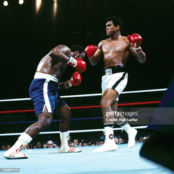 Boxing: WBC/ WBA World Heavyweight Title: Muhammad Ali in action vs Joe Frazier during fight at Araneta Coliseum. Quezon City, Philippines 10/1/1975...