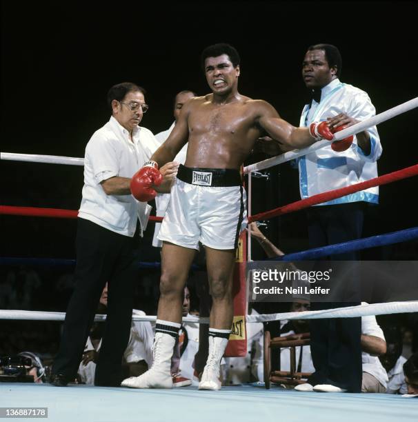 Boxing: WBC/ WBA World Heavyweight Title: Muhammad Ali in corner with trainer Angelo Dundee and assistant trainers Wali Muhammad and Drew Bundini...
