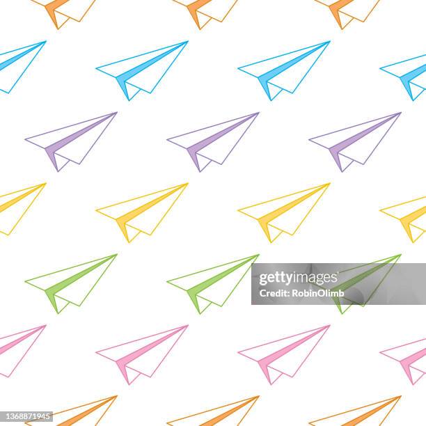 colorful line art paper airplanes seamless pattern - glider stock illustrations