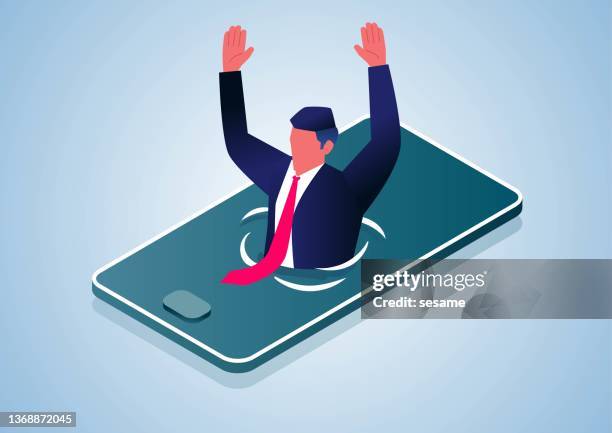 businessman caught inside smartphone screen, network trap - addiction stock illustrations