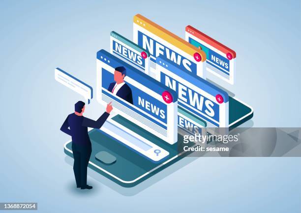 stockillustraties, clipart, cartoons en iconen met online news search and reading, news updates, news websites, information on newspapers, public events, events, announcements on smartphone screen - over press call