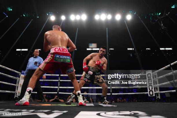 Jesus Ramos and Vladimir Hernandez trade punches during a super welterweight bout at Michelob ULTRA Arena on February 05, 2022 in Las Vegas, Nevada....