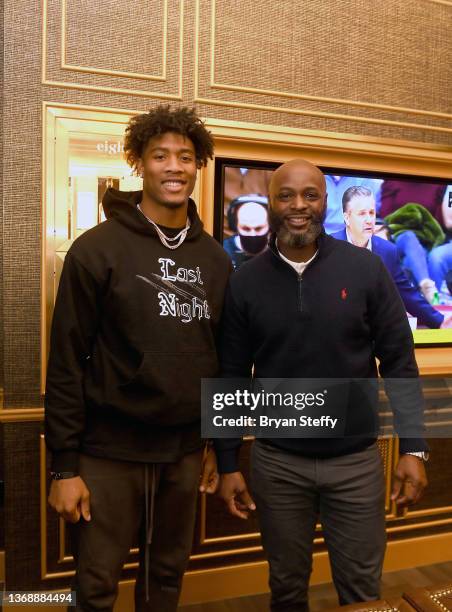 Isaiah Simmons and Reggie Wayne attend a Pro Bowl celebration at Eight Lounge at Resorts World Las Vegas on February 05, 2022 in Las Vegas, Nevada.