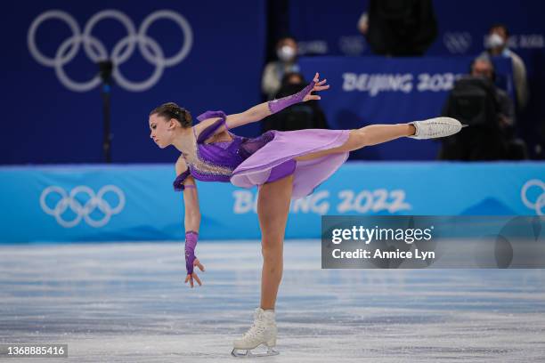 Kamila Valieva of Team Russian Olympic Committee competes in the Women Single Skating Short Program during the Figure Skating Team Event at Capital...