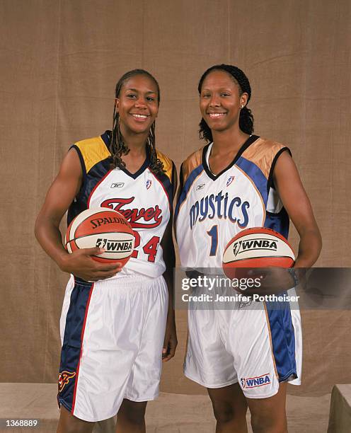 College teammates and Eastern Conference All Stars Tamika Catchings of the Indiana Fever and Chamique Holdsclaw of the Washington Mystics pose for a...
