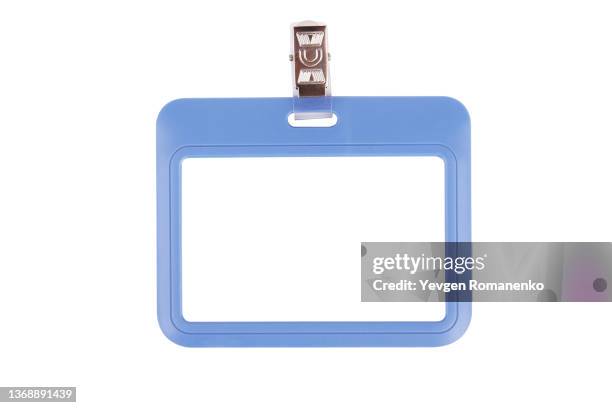 name badge isolated on white background - carta d'identità foto e immagini stock