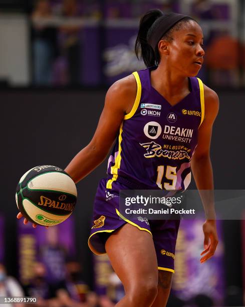 Lindsay Allen of the Boomers runs with the ball during the round 10 WNBL match between Melbourne Boomers and Perth Lynx at Gippsland Regional Indoor...