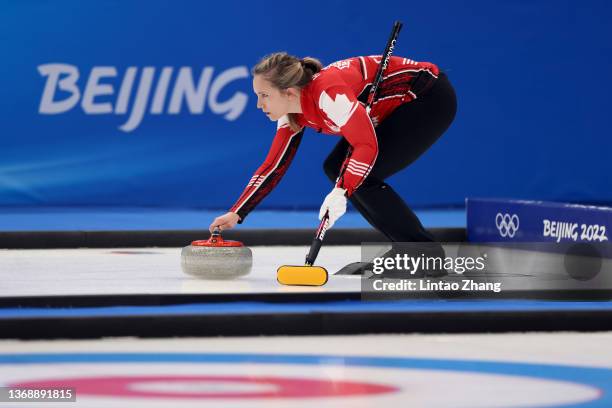 Rachel Homan of Team Canada competes against Team Czech Republic during the Curling Mixed Doubles Round Robin on Day 2 of the Beijing 2022 Winter...