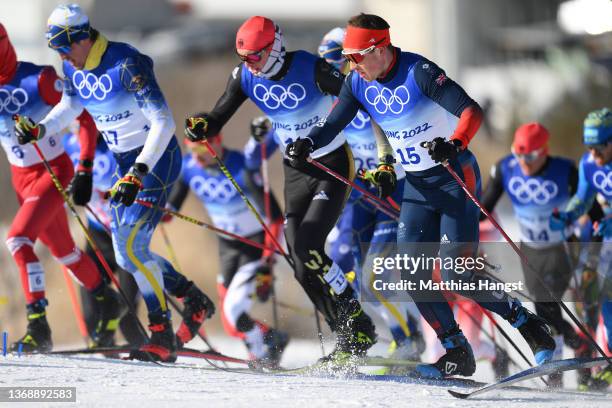 Andrew Musgrave of Team Great Britain competes during the Men's Cross-Country Skiing 15km + 15km Skiathlon on Day 2 of the Beijing 2022 Winter...