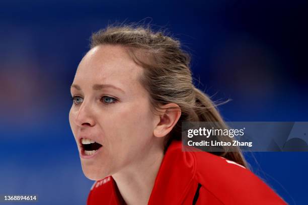 Rachel Homan of Team Canada reacts against Team Czech Republic during the Curling Mixed Doubles Round Robin on Day 2 of the Beijing 2022 Winter...