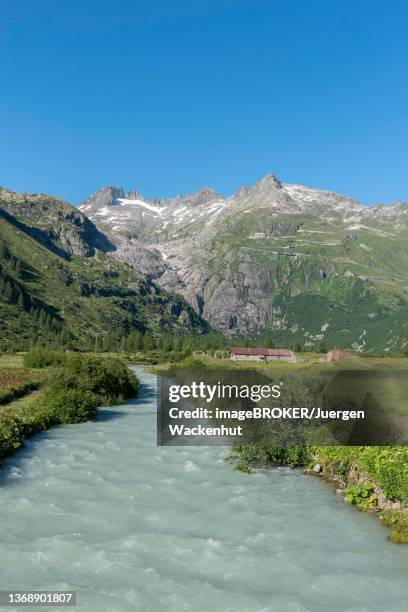 landscape of the rhone valley with the rhone river in front of the massif of the rhone glacier, oberwald, valais, switzerland - rhone stock pictures, royalty-free photos & images
