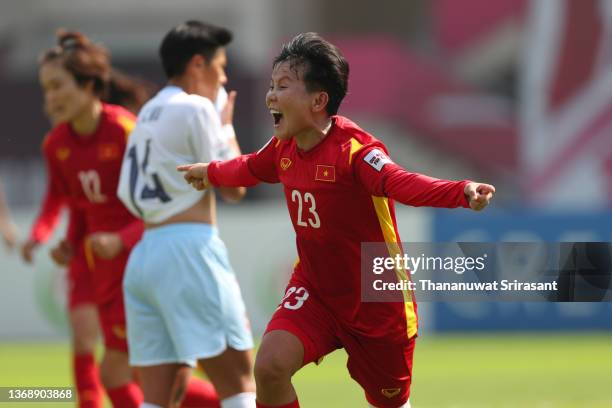 Nguyen Thi Bich Thuy of Vietnam celebrates scoring her side's second goal during the AFC Women's Asian Cup 5th place play-off Game three between...