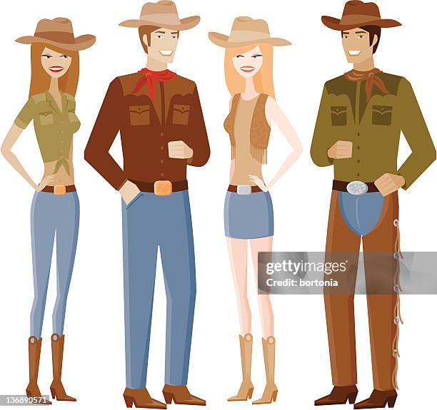 two couples in cowboy outfits - cowboy shirt vector stock illustrations