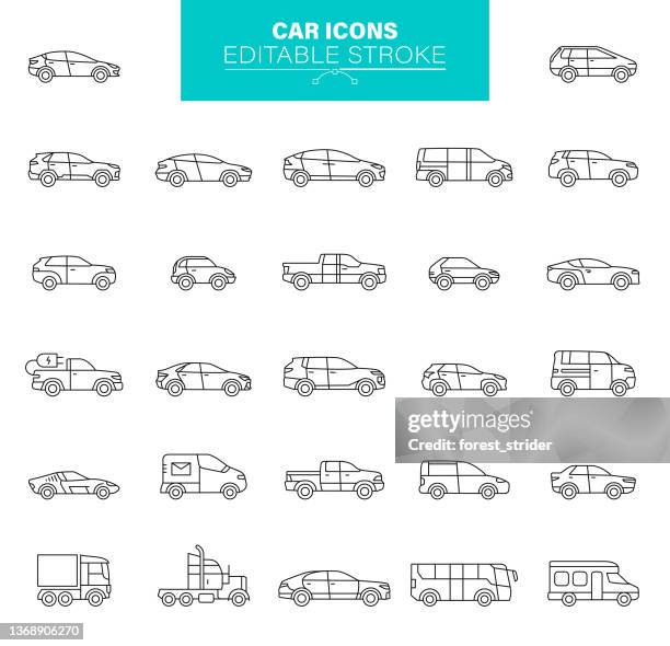 autotyp-symbole bearbeitbarer strich. enthält symbole wie transport, elektroauto, lkw, limousine, cuv - details stock-grafiken, -clipart, -cartoons und -symbole