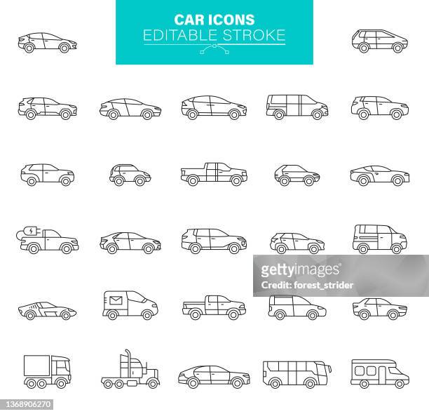 illustrazioni stock, clip art, cartoni animati e icone di tendenza di icone del tipo di auto tratto modificabile. contiene icone come trasporto, auto elettrica, camion, berlina, cuv - auto convertibile