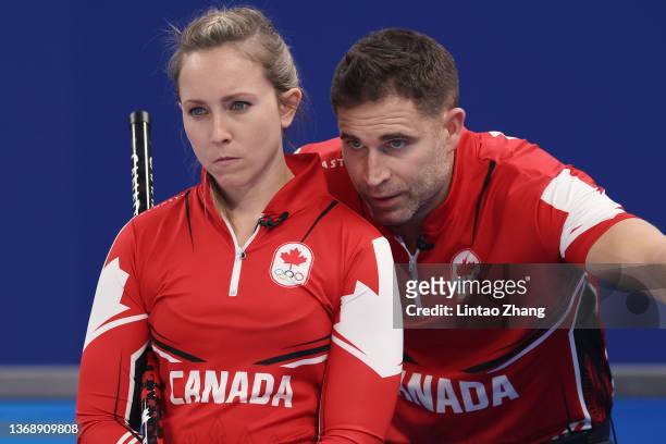 Rachel Homan and John Morris of Team Canada look on against Team Czech Republic during the Curling Mixed Doubles Round Robin on Day 2 of the Beijing...
