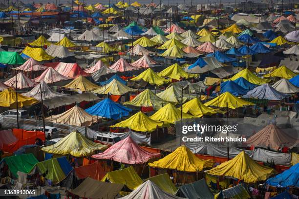 General view of a tent city built for Hindu pilgrims during month-long annual Magh Mela festival on February 05, 2022 in Allahabad, India. Taking...