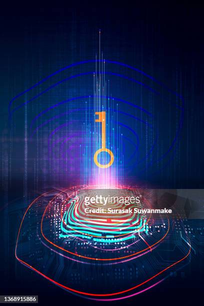 3d technology illustration a fingerprint scanner is integrated into the printed circuit. release binary code - verify identity stock pictures, royalty-free photos & images