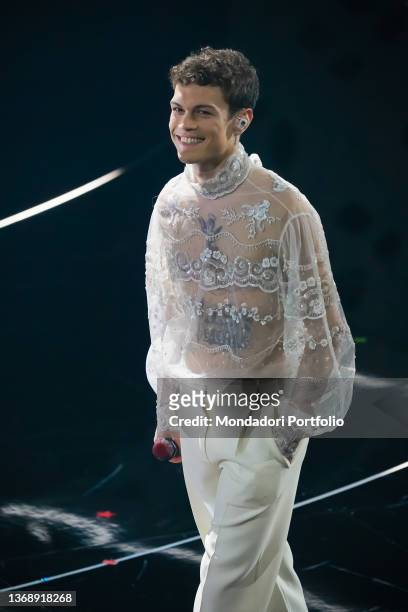 Italian singer Blanco at the 72 Sanremo Festival. Final evening. Valentino clothes. Sanremo , February 5th, 2022