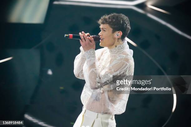Italian singer Blanco at the 72 Sanremo Festival. Final evening. Valentino clothes. Sanremo , February 5th, 2022