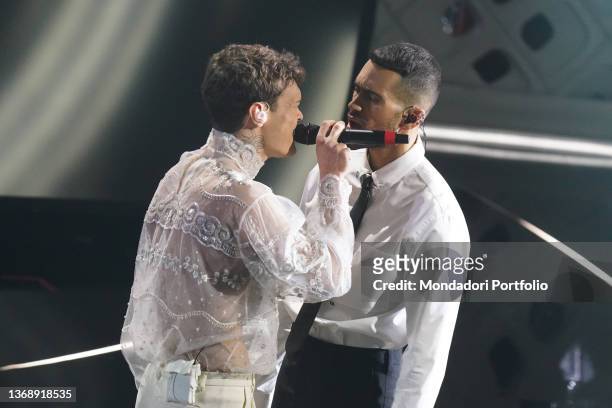 Italian singers Mahmood and Blanco at the 72 Sanremo Festival. Final evening. Valentino and Burberry clothes. Sanremo , February 5th, 2022
