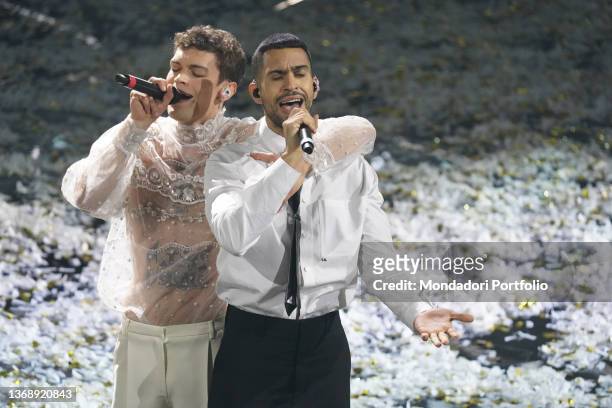 The winners Mahmood and Blanco at the 72 Sanremo Festival. Final evening. Valentino and Burberry clothes. Sanremo , February 5th, 2022