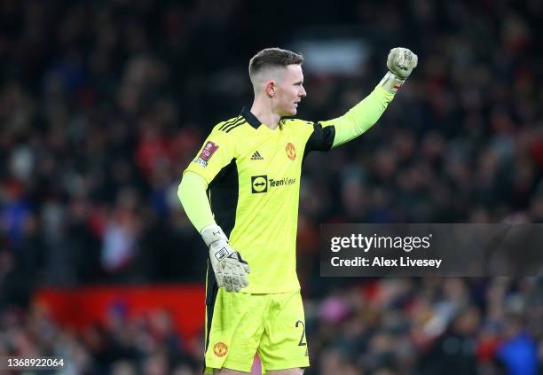 Dean Henderson of Manchester United celebrates their opening goal during the Emirates FA Cup Fourth Round match between Manchester United and...