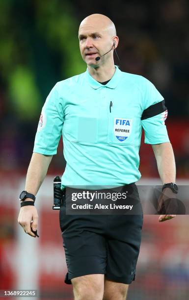 Referee Anthony Taylor looks on during the Emirates FA Cup Fourth Round match between Manchester United and Middlesbrough at Old Trafford on February...