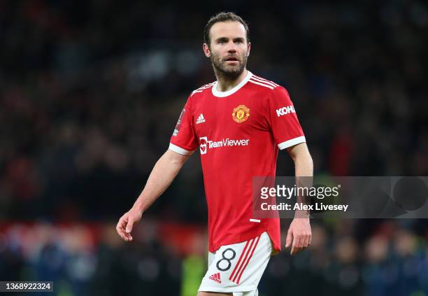 Juan Mata of Manchester United looks on during the Emirates FA Cup Fourth Round match between Manchester United and Middlesbrough at Old Trafford on...