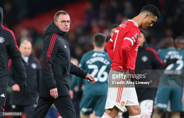 Manchester United manager Ralf Rangnick and Cristiano Ronaldo leave the pitch after losing the penalty shoot out during the Emirates FA Cup Fourth...