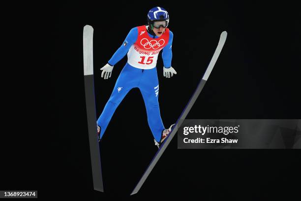 Giovanni Bresadola of Team Italy jumps during Men's Normal Hill Individual First Round at National Ski Jumping Centre on February 06, 2022 in...