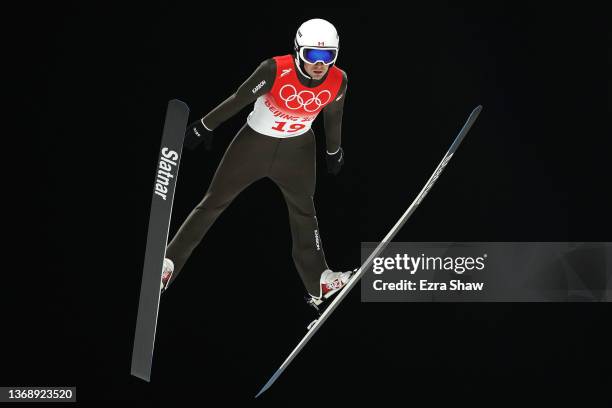 Mackenzie Boyd-Clowes of Team Canada jumps during Men's Normal Hill Individual First Round at National Ski Jumping Centre on February 06, 2022 in...