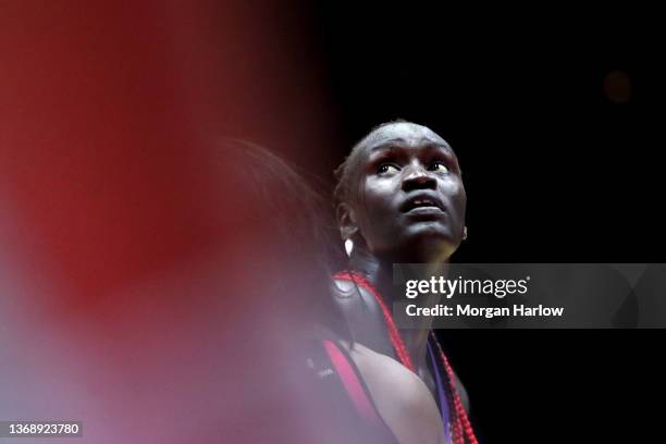 Mary Cholhok of Loughborough Lightning in the Vitality Netball Superleage 2022 Round 1 Match between Loughborough Lightning v London Pulse at Resorts...