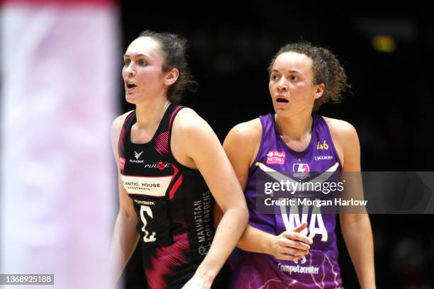 Ashleigh Dekker of London Pulse reacts with Hannah Joseph of Loughborough Lightning in the Vitality Netball Superleage 2022 Round 1 Match between...