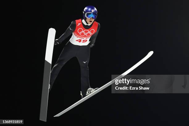 Ryoyu Kobayashi of Team Japan jumps during Men's Normal Hill Individual First Round at National Ski Jumping Centre on February 06, 2022 in...