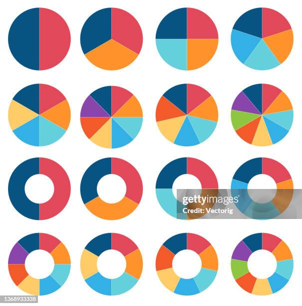 kreisdiagramm-set. bunte diagrammsammlung. - 6 infographic stock-grafiken, -clipart, -cartoons und -symbole