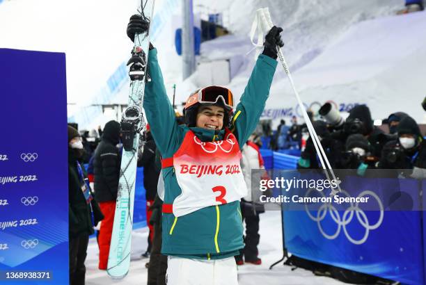 Jakara Anthony of Team Australia reacts after winning the gold medal during the Women's Freestyle Skiing Moguls Final on Day 2 of the Beijing 2022...