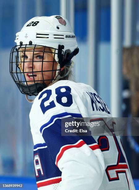 Forward Amanda Kessel of Team United States on the ice prior to the start of the game against Team Switzerland during the Women's Preliminary Round...