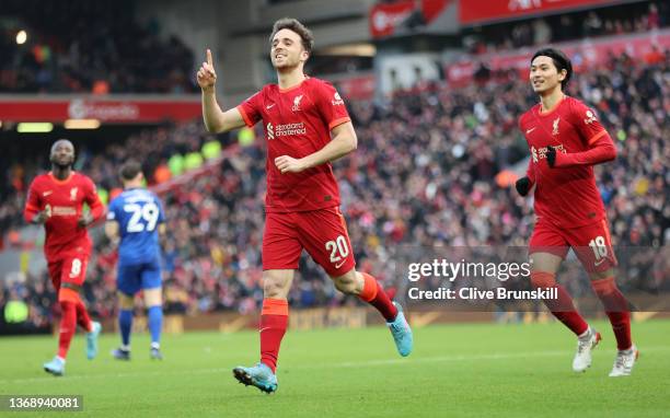 Liverpool player Diogo Jota celebrates after scoring the first goal during the Emirates FA Cup Fourth Round match between Liverpool and Cardiff City...